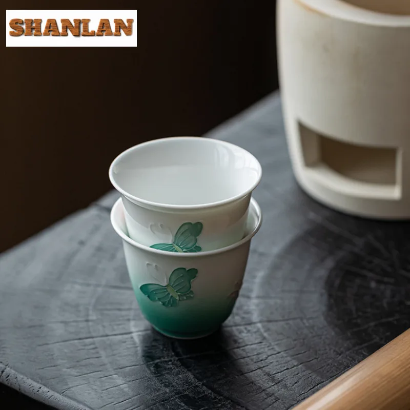 2 قطعة/الوحدة النعناع الأخضر كومة اللوحة فراشة فنجان الشاي الرجعية وعاء الشاي القدح الشاي تذوق التأمل كوب Chazhan ماستر أكواب الشاي 45 مللي #4