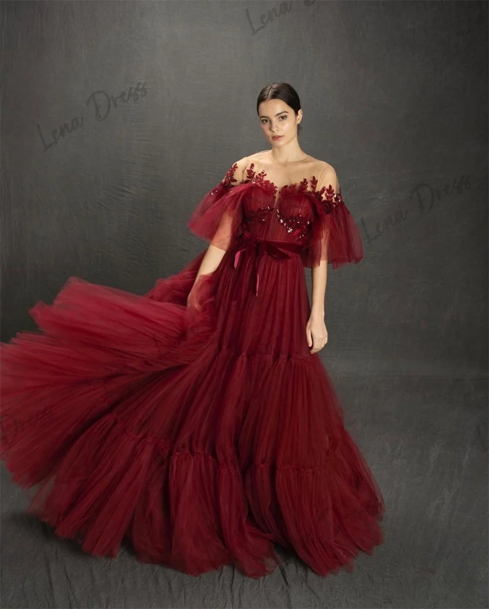 Lena Round Neck Evening Dresses Woman Elegant Party Dresses 2024 Chiffon Line A Claret Layered Gala Dress Es  Prom