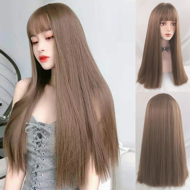 Women's with fashionable air bangs, rose net , long straight hair wig