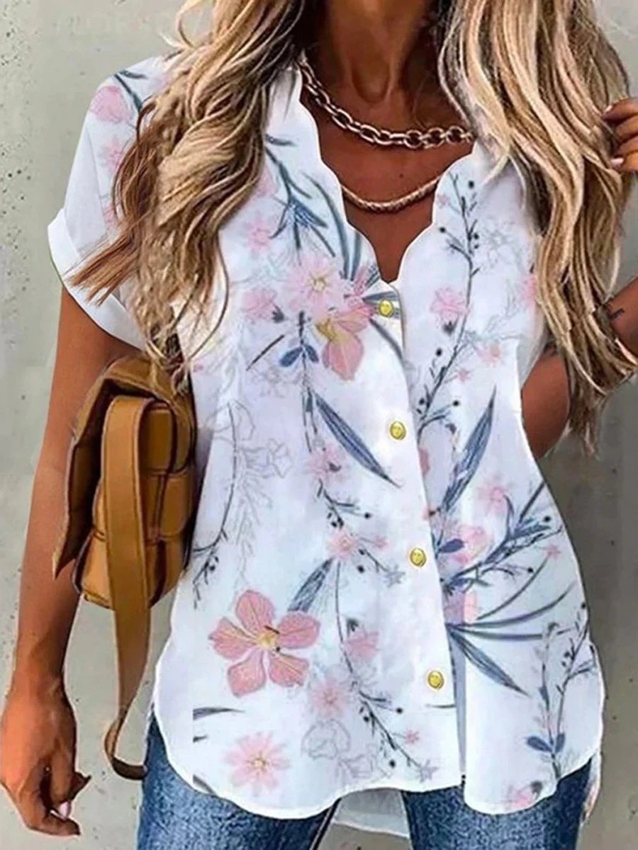 Elegant Blouse Fashion Short Sleeve Shirt Women Print V Neck Casual Top