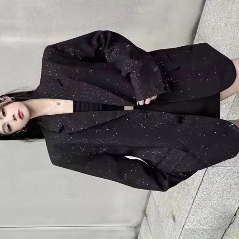 

Spring Autumn New Black Rhinestone Suit Jacket Women's Temperament High Sense Loose and Versatile Casual Blazer Coat Ladies