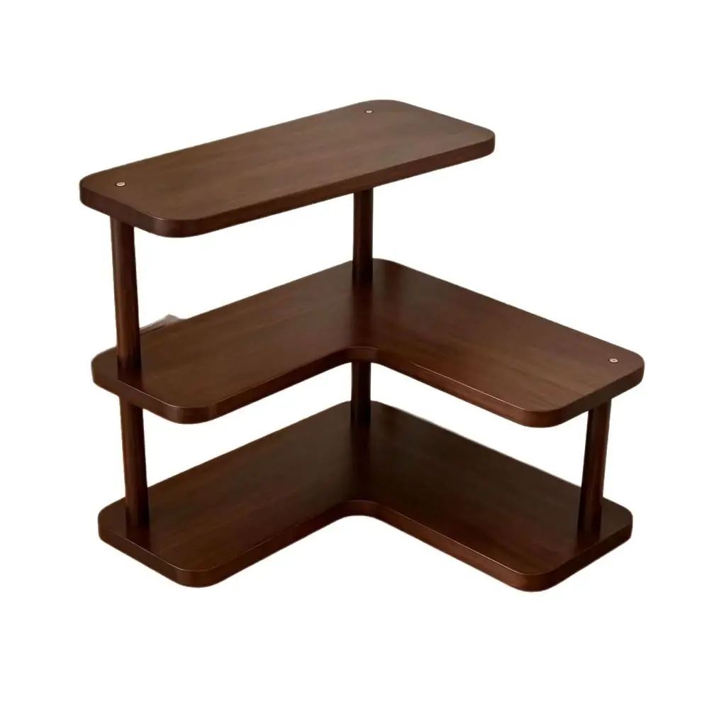 Multi-tier Corner Desktop Shelf Wood Grain Finish Rounded Edges Kitchen Countertop Organizer Tiered Structure Space Saving