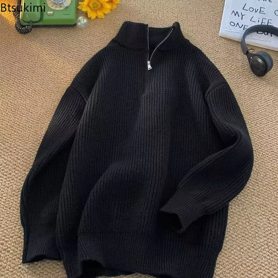 2025 Fashion Half Zipper Turtleneck Sweaters for Men Autumn Winter Warm Knitted Pullover Tops Male Solid Casual Sweater Coats