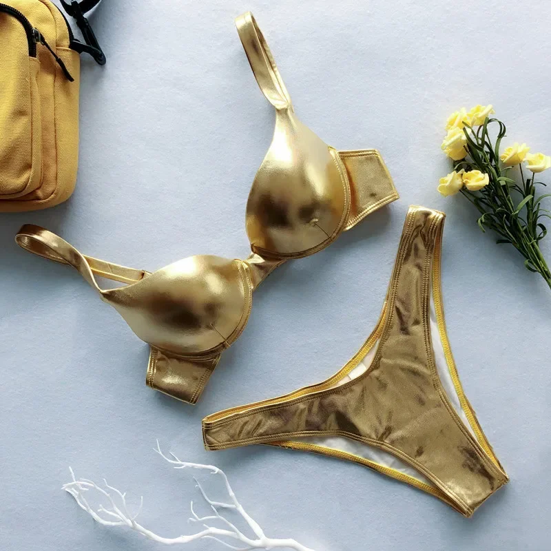 Traje de baño metálico con sujetador acolchado de realce para mujer, ropa de playa, conjunto de Bikini con Tanga Sexy, Bikini plateado y dorado, traje de baño