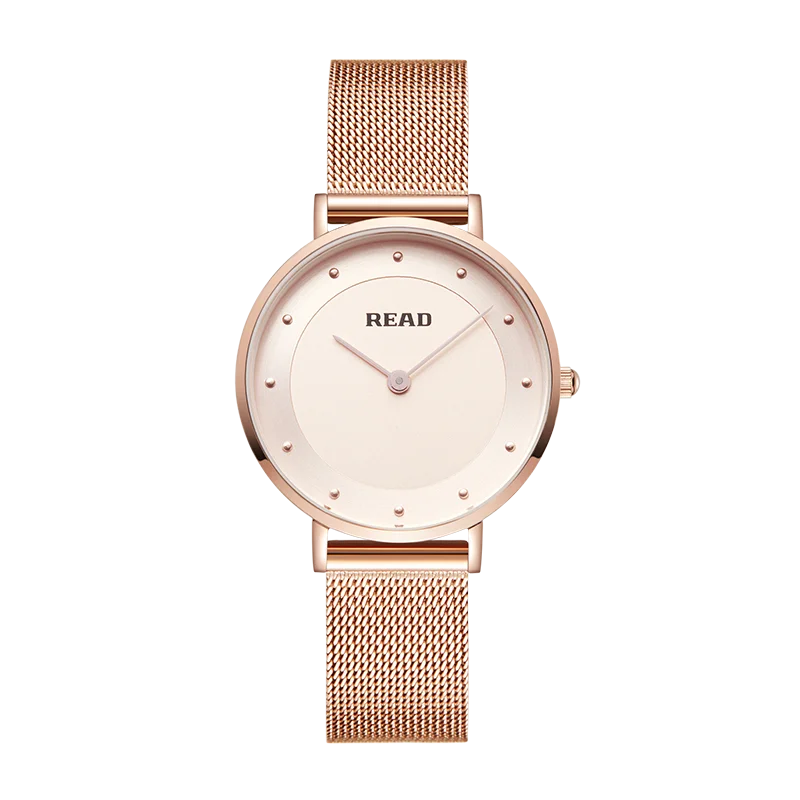READ Women Quartz Watch | Dot Marker Dial | Rose‑Tone Stainless Steel Mesh Band | 30M Water Resistant Ladies Wrist Watch