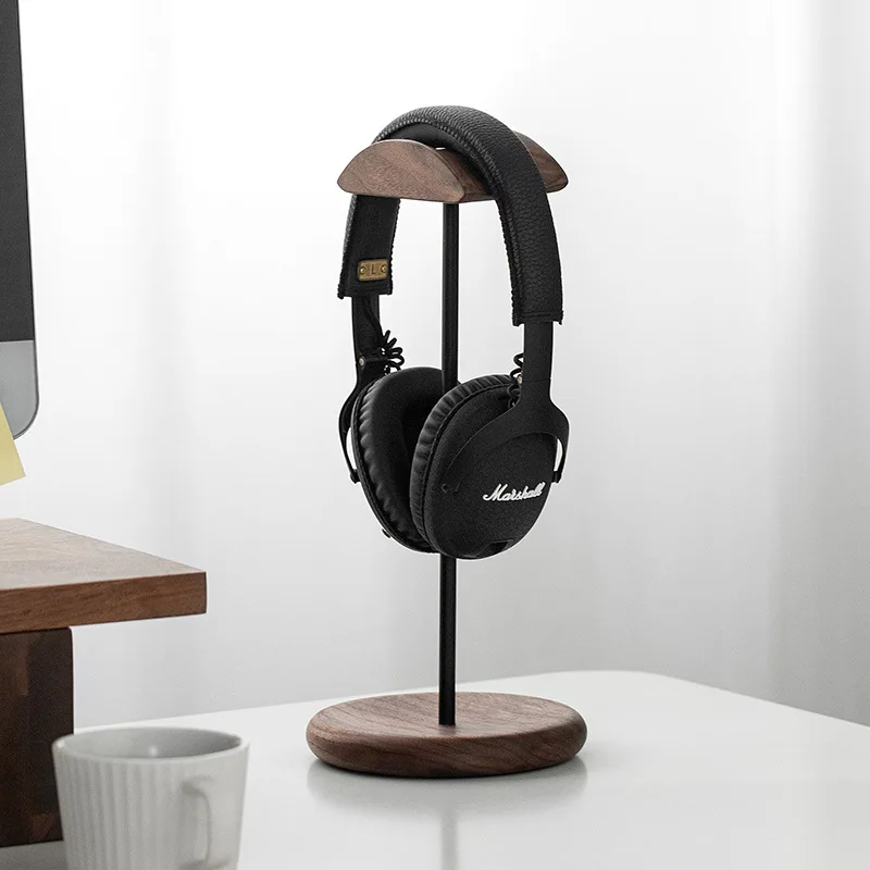 Walnut Wood & Metal Headphone Stand – Minimalist Gaming Headset Holder for Desk, Office & Home – Premium Earphone Display Rack