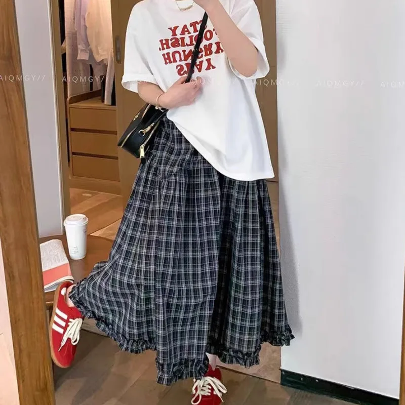 Rok Gaun Kotak-kotak Wanita Musim Panas Y2K Rok Kue Kotak-kotak Renda Retro Korea Rok Setengah Panjang Penutup Daging Rok A-line Baru