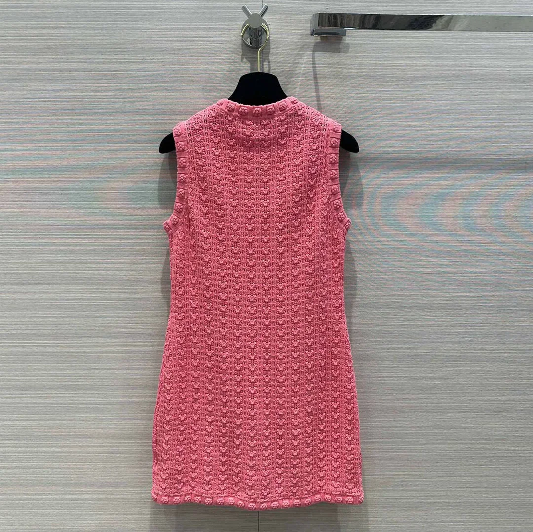 New Fashion Elegant Party Dresses Women O-neck Sleeveless Crochet Twist Knitted Tank Dress With Single Breasted Pockets