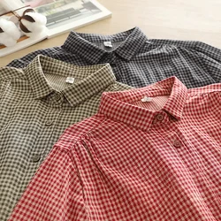 2026 Mori girl style red black checkered shirts and blouses for women spring Japan fashion cotton yarn vintage long sleeve tops