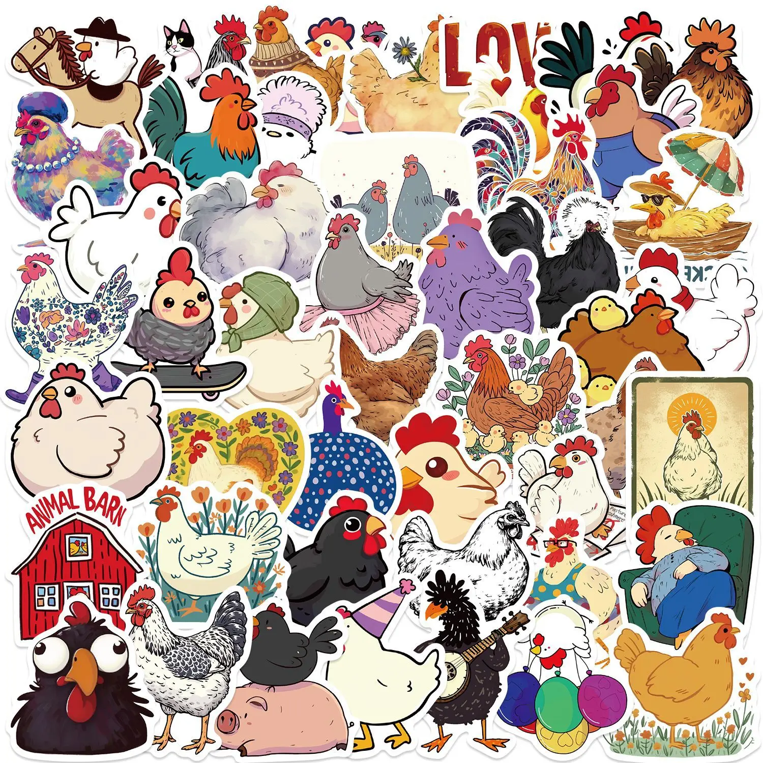 50pcs Colored Chickens Cartoon Graffiti Animals Stickers Phone Guitar Laptop Notebook Water Bottles Waterproof Sticker Gift