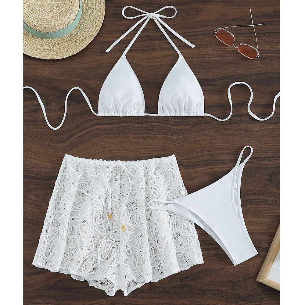 VigoCasey Sexy White Tied Halter 3PCS Lace Shorts Bikini Set Swimwear Women 2025 High Cut Thong Swimsuit Backless Bathing Suit