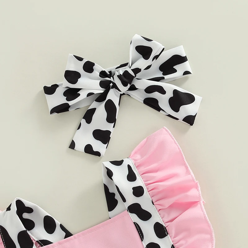 Summer Baby Girls Romper Dress Infant Sweet Style Cow Print Splicing Bow Decoration Fly Sleeve Suspender Jumpsuit + Headwear Set