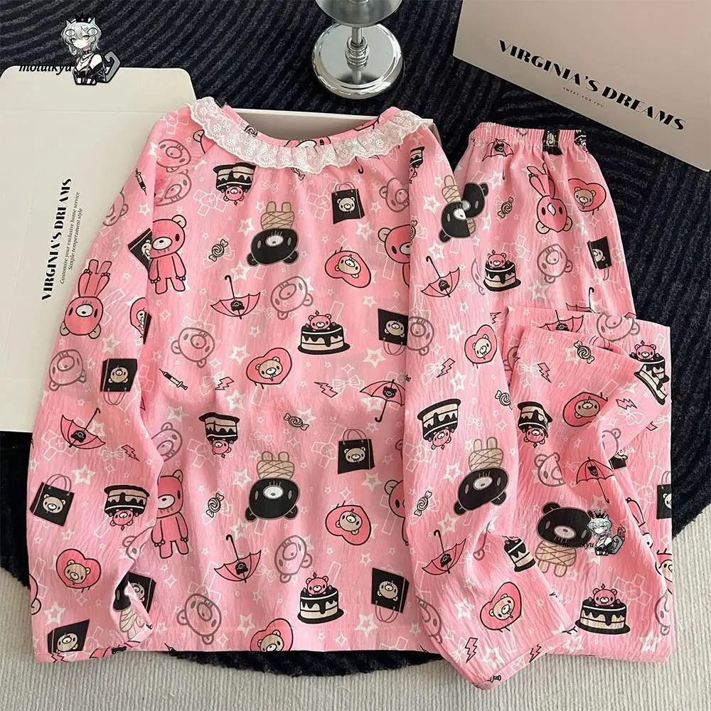 2Pcs Anime Women Gloomy Bear Print Pajama Set Y2K Kawaii Lace Collar Long Sleeve Top Pants Harajuku Homewear Loungewear Gift