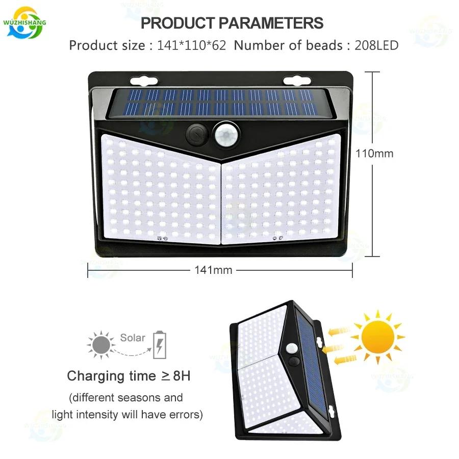 Sem fio Motion Sensor Luz, impermeável Segurança Wall Lamp, Solar Powered, Jardim, Caminho, Passarela, Front Door, 208 LED, Três modos de luz