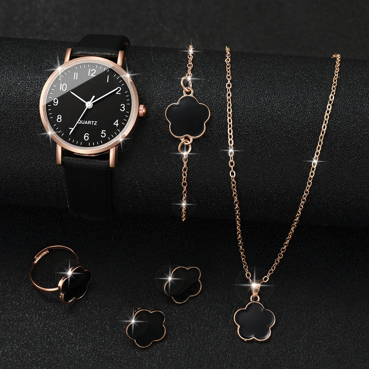 6PCS Women\'s Watch Fashion Small Arabic Dial Leather Band Quartz Watches Jewelry Set（Without Box）