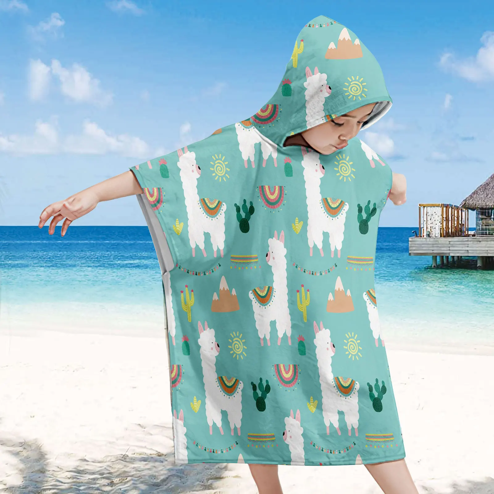 Changing Robe Hooded, Kids 3D Alpaca Cactus Poncho Towel Microfibre Quick Dry Light Weight Beach towel for Boys and girls