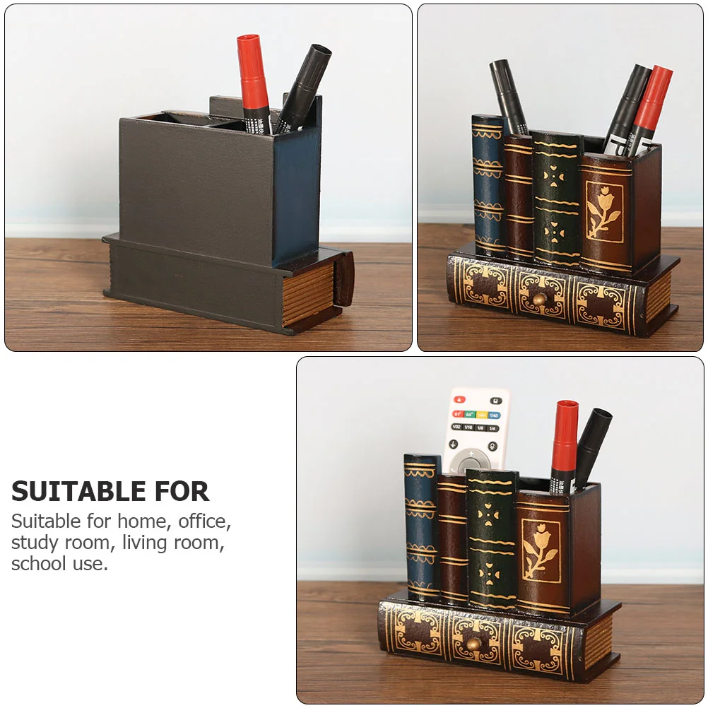 Pen Holder Office Tabletop Container Ornament Storage Multi-purpose Retro Wooden