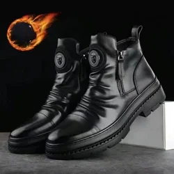 2026 New Winter Retro Warm Men's Ankle Boots Leather shoes men High Top shoes man Velvet Motorcycle boots men botines botas
