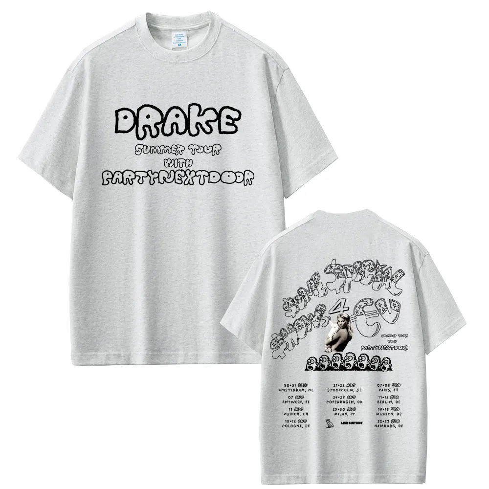 Męska i damska moda hip-hopowa, muzyka pop, koszulka oversize, popularna koszulka z raperskim motywem, koszulka z europejskiej trasy koncertowej rappera Drake'a i Partynextdoor.