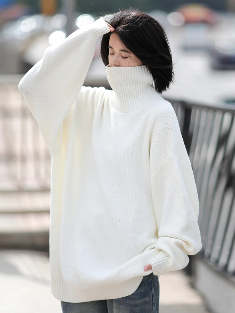 White Turtleneck Sweater Women Loose Autumn Winter Solid Black Women's Knitted Sweaters Fashion Warm Highneck Pullovers Knitwear