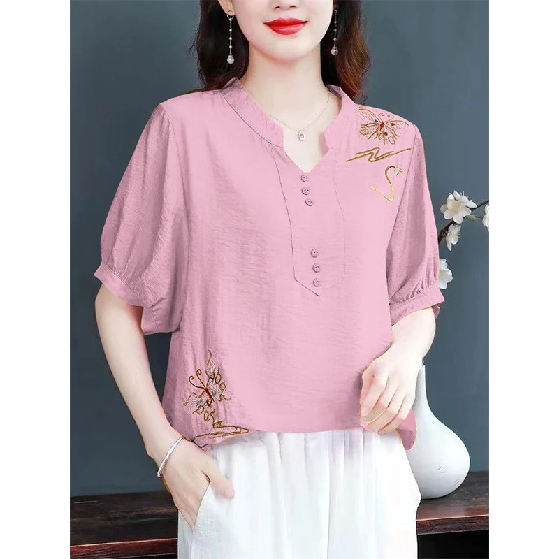 Spring Loose Casual Cotton Linen Embroidery Shirt Female Short Sleeve Vintage V-neck Pullover Top Women Fashion All-match Blouse