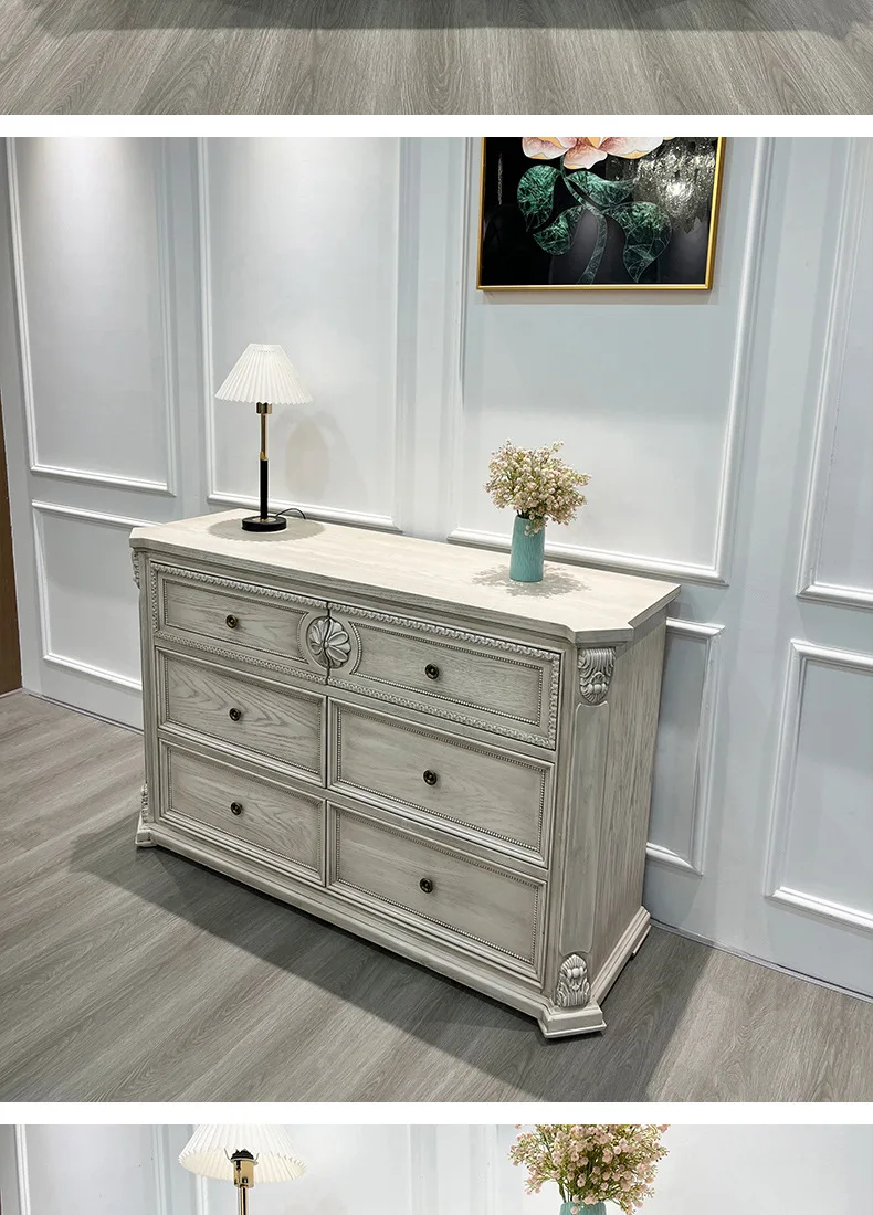 For French Retro Solid Wood Six Drawer Chest Cabinet Old European Carved Storage Locker for Entrance Dining Room Bedroom