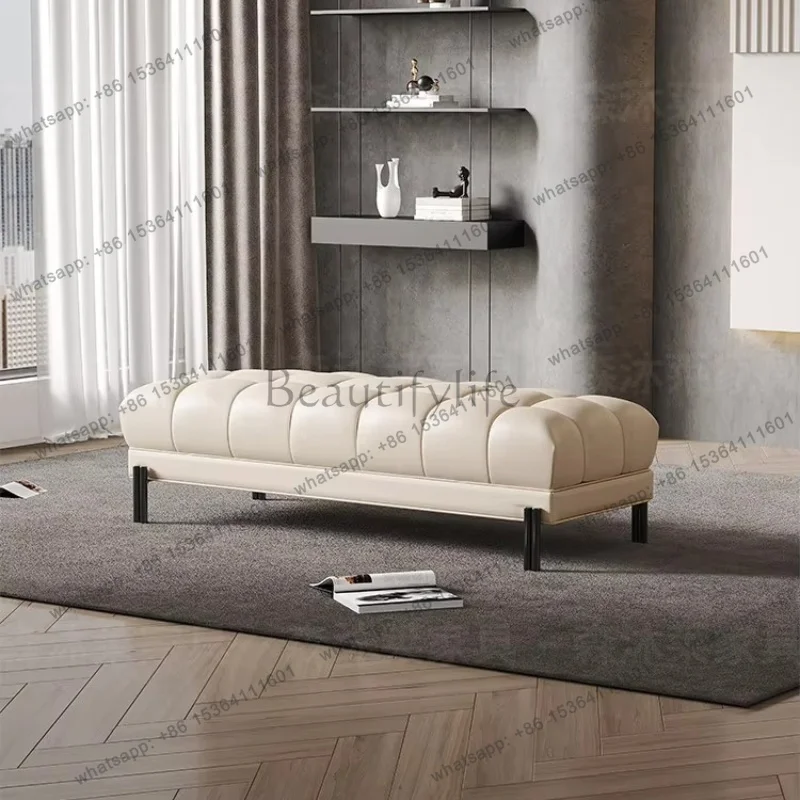 YJ Luxury Italian Style Bedroom Bench, Minimalist Genuine Leather Sofa Stool, Designer High-End Solid Wood Home Shoe Changing St