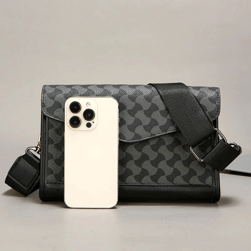 sacoches hommes New printed Shoulder Bag for Men Leather Messenger Bag Wide Strap Crossbody Bags Square Plaid Male Sling Bag