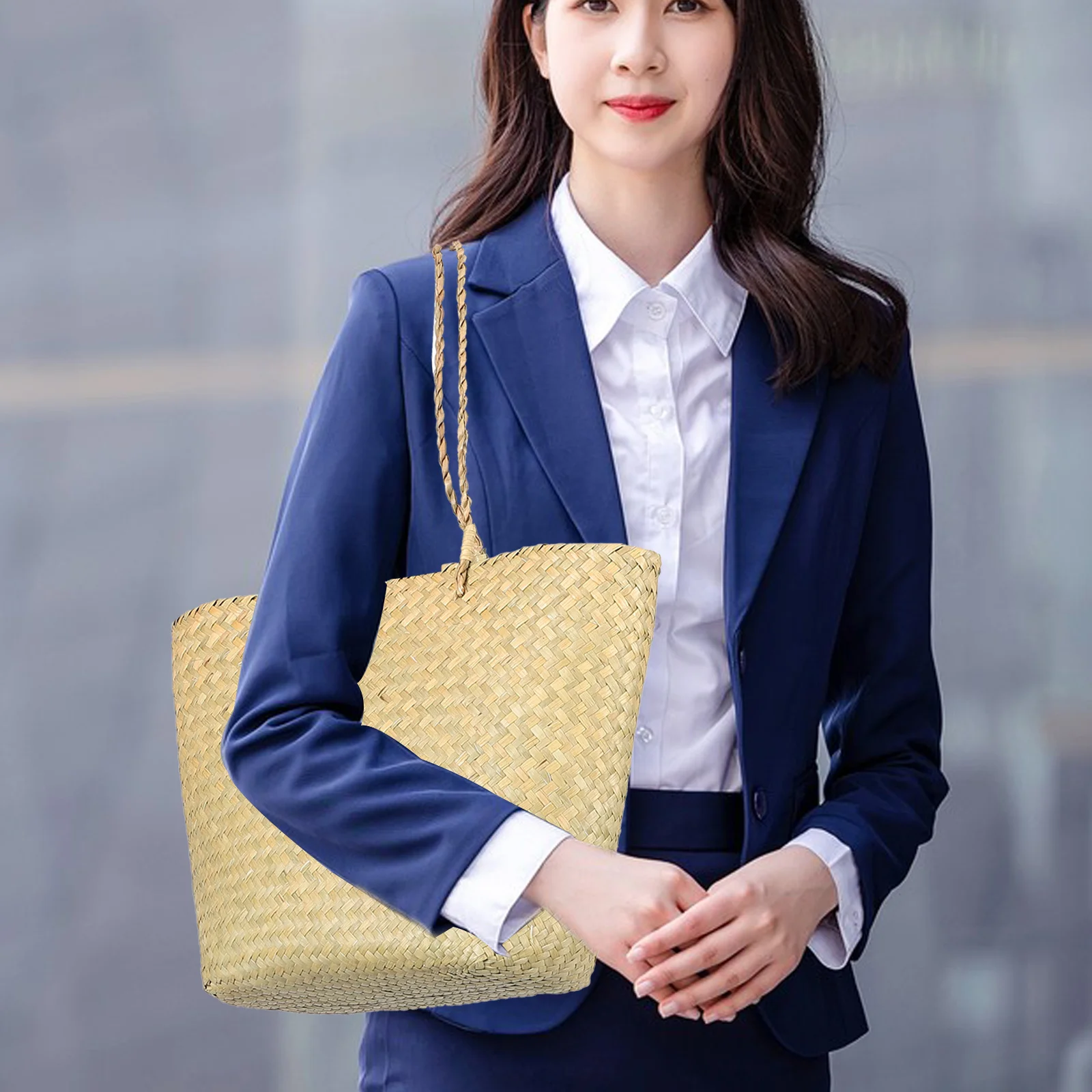 

Sea Grass Woven Tote Bag Sturdy Lightweight Shoulder Bag Vintage Style Beach Handbag Shopping Summer Bags for Women Travel