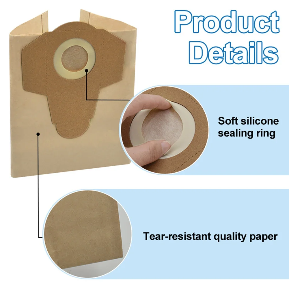 Wet and Dry Vacuum Bags 20L Pack of 5 for BT-VC 1250S Compatible with Multiple Wet and Dry Vacuum Models Paper Filtration Bags