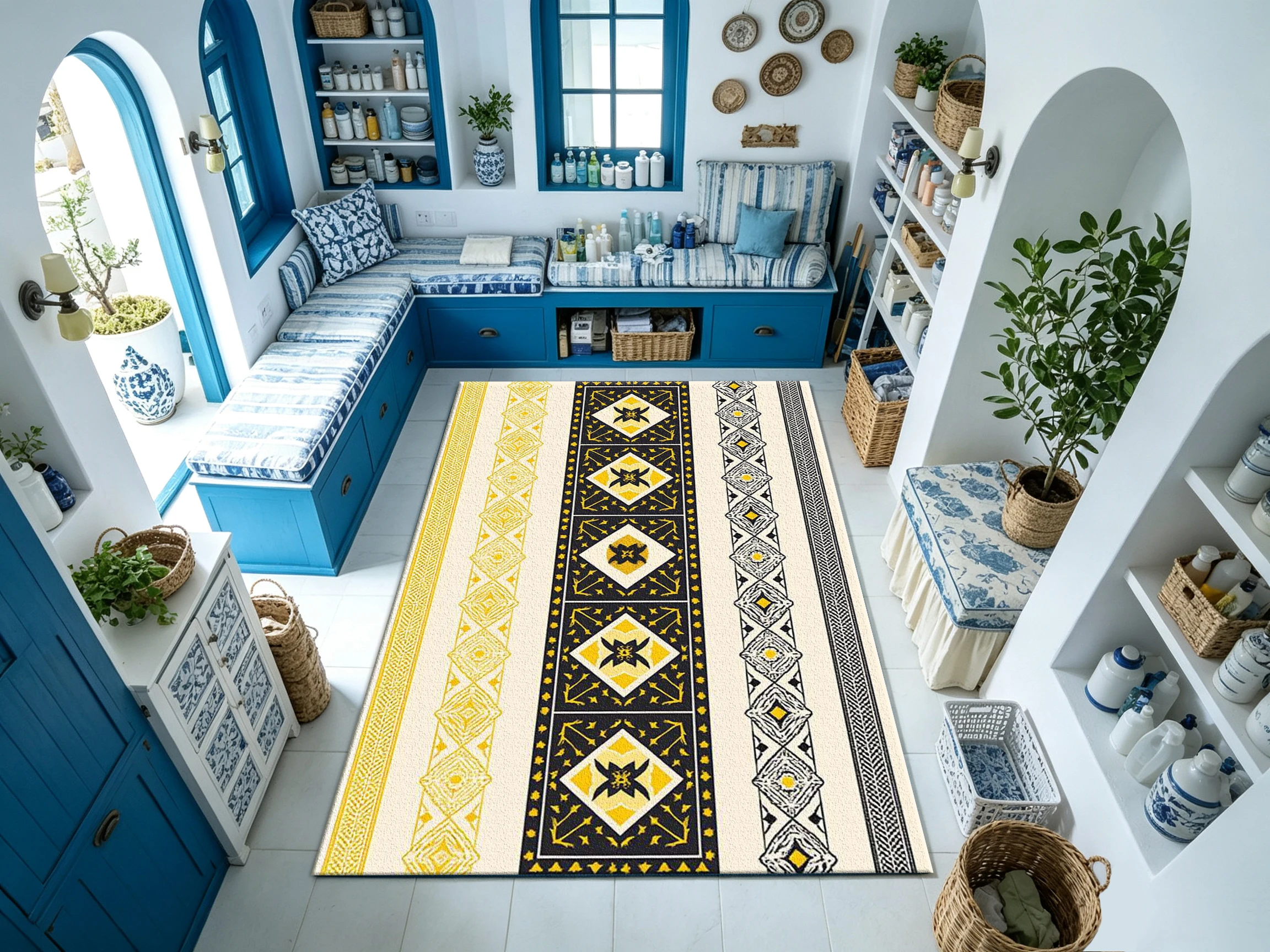 Ethnic-Style Decorative Border Pattern Carpet Floor Mat for Home Hallway Entrance Decoration