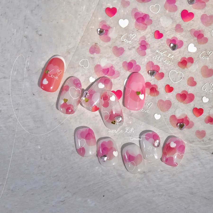 

Translucent Pink Heart Gem Design Crystal Diamond High Quality Nail Stickers Adhesive Decals Decoration MS-427