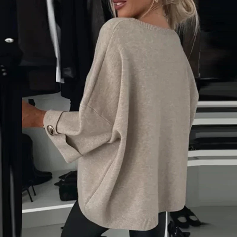 2024 Winter Fashion Button Loose Sweater Autumn Elegant O-neck Knitted Pullover Women Causal Long Sleeve Solid Color Jumper Tops