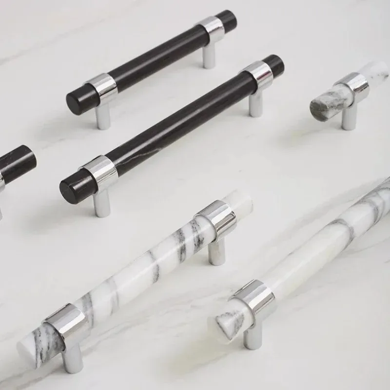 Natural White Black Marble Furniture T Bar Knobs and Handles Brass Bright Chrome Wardrobe Pulls Nordic Simple Cabinet Hardware