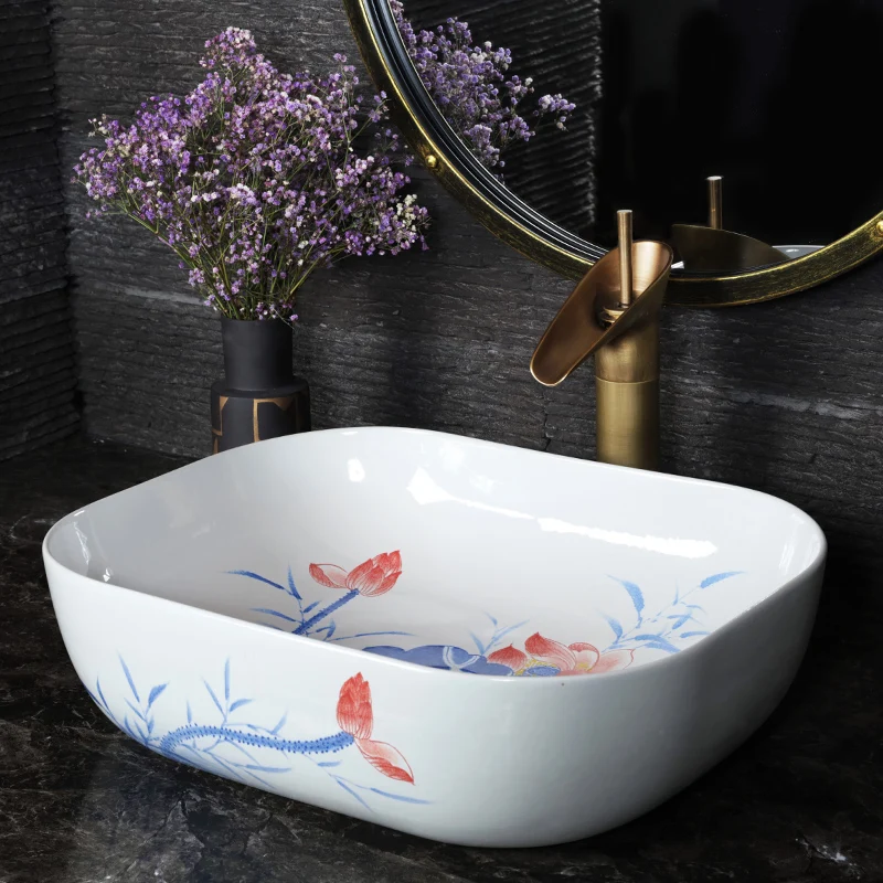 Rectangular China Artistic Procelain art countertop Ceramic Lavabo Bathroom Sink china wash basin