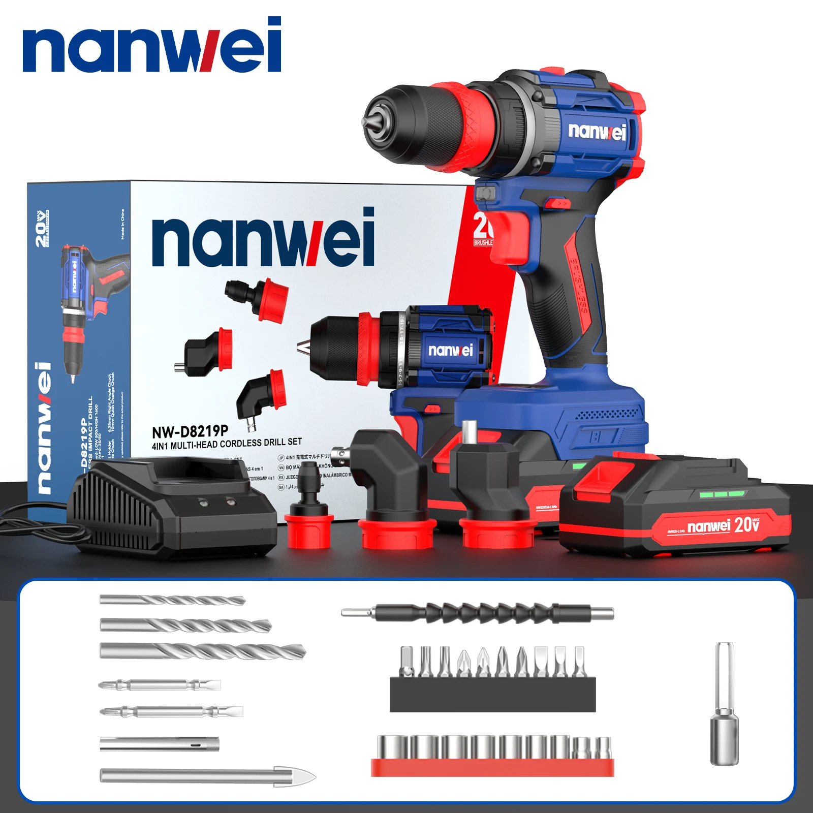 Nanwei 20V Brushless Drill 4-in-1 Multi-head Cordless Drilling & Screwing Impact Drill Household Tools Carpenters/Electricians