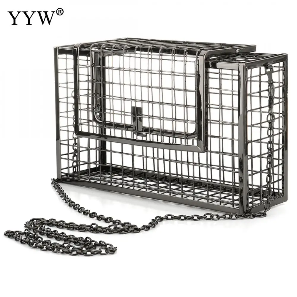 YYW Women Chain Crossbody Bags Iron Cage Metal Hollow Out Cage Evening Clutch Concise Box Sling Shoulder Bags Black Bolso Mujer