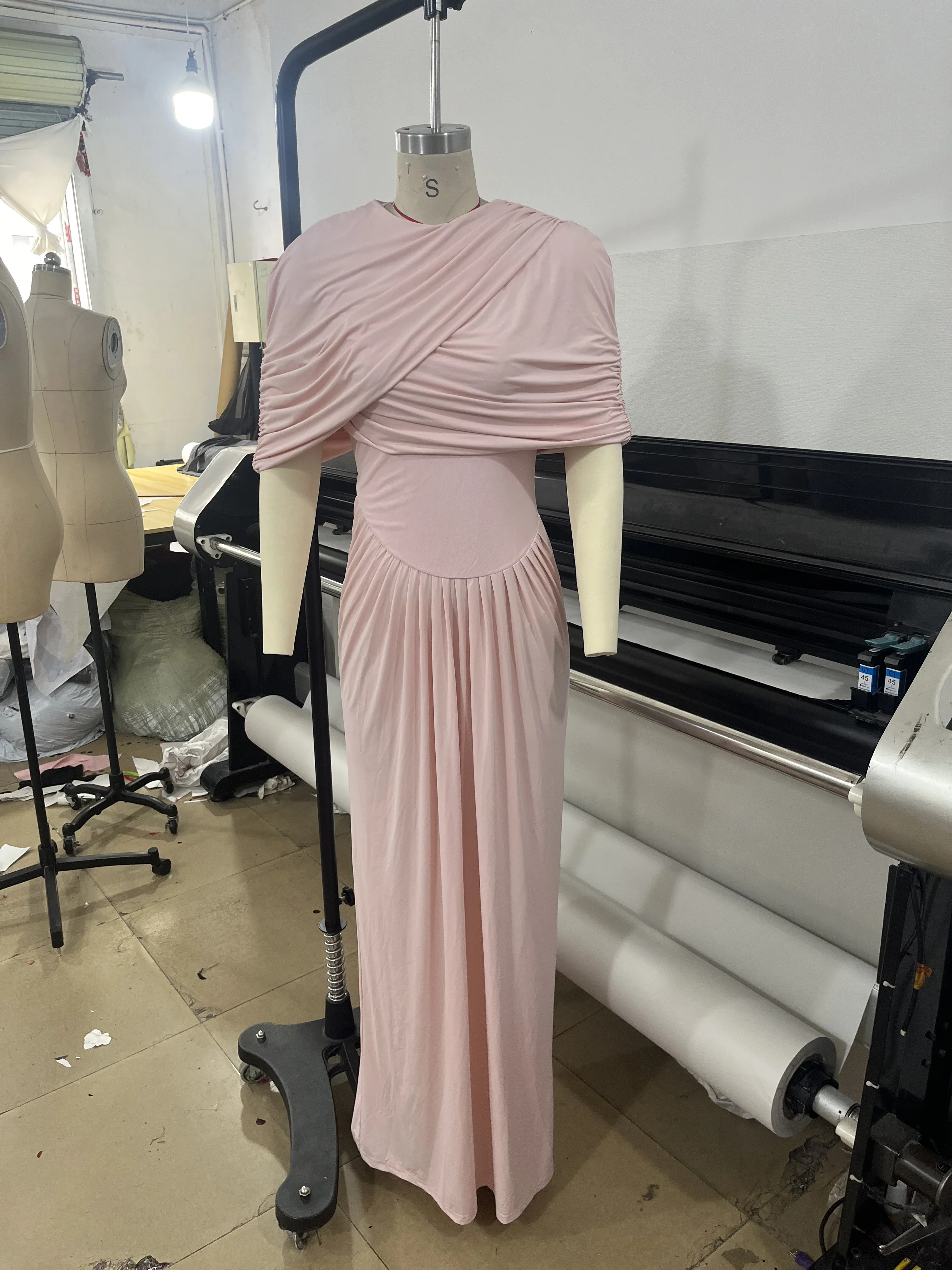 Elegant Style Crossover Design Short-sleeved Long Dress, Cape-style Pleated Structured Wrap-around Long Dress, Pink Long Skirt