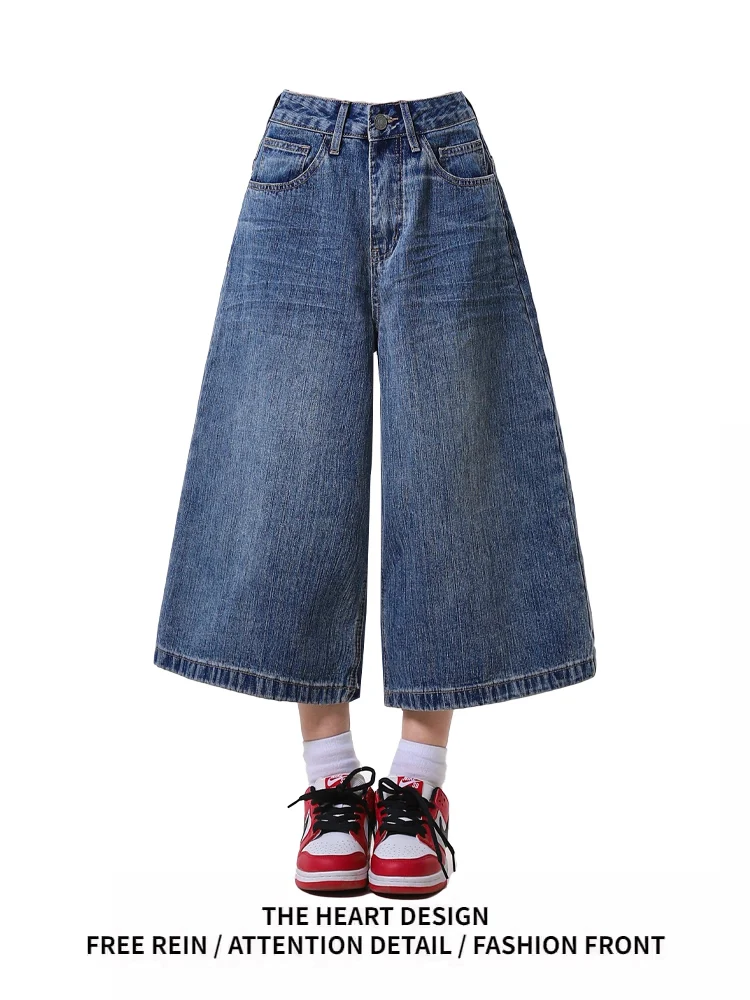 

Джинсовые рта в американском стиле в стиле ретро, женские летние новые уличные цветные блузки, свободные широкие брюки на семь футов с широкими штанинами