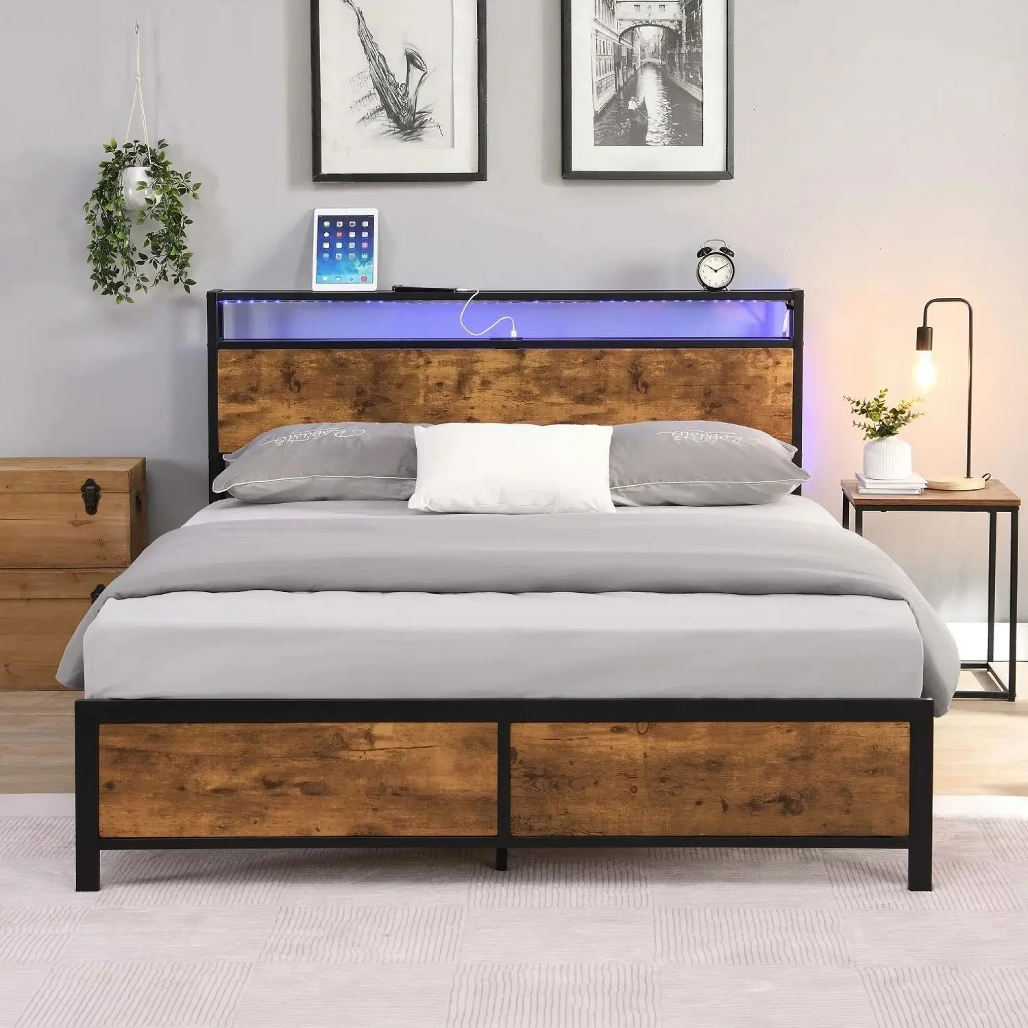 King/Queen/Full Size Industrial Bed Frame Noise Free with LED Lights&2 USB Ports&Storage No Box Spring Needed Rustic Brown[US-W]