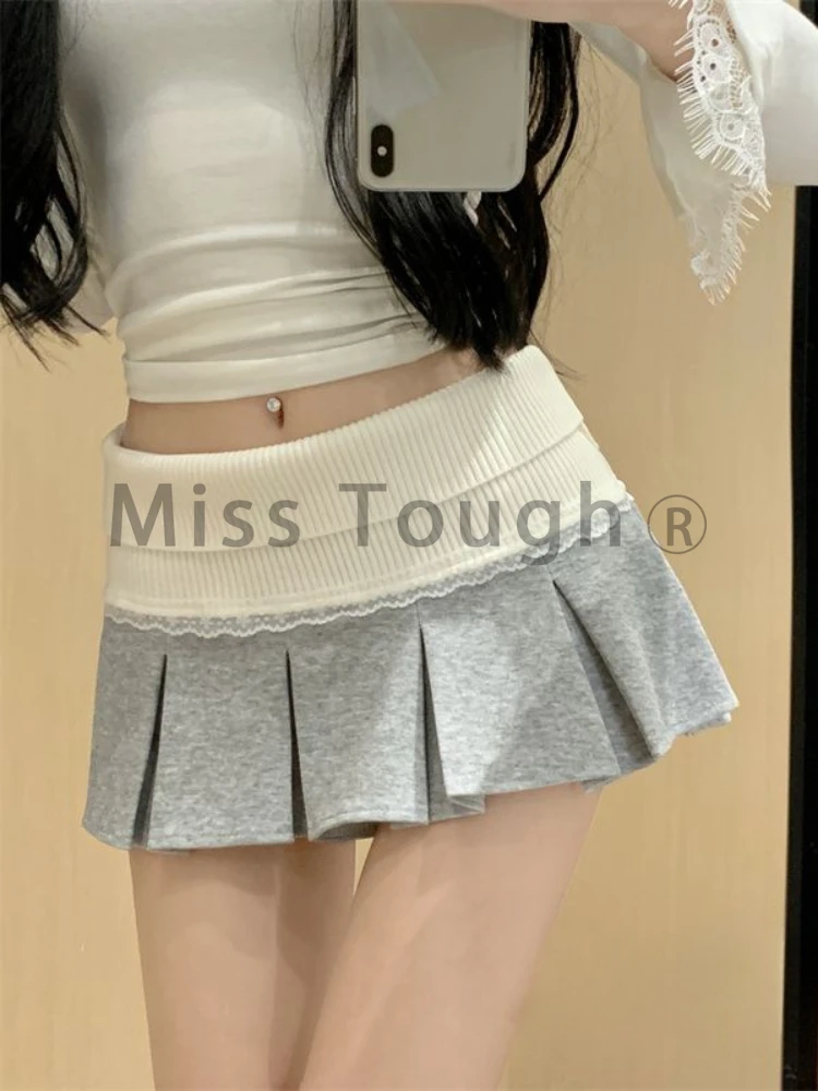 Sweet Preppy Style Stitching Pleated Skirt Women New High Waist Slim Y2k Mini Skirt Designer Solid Korean Fashion Clothes 2025