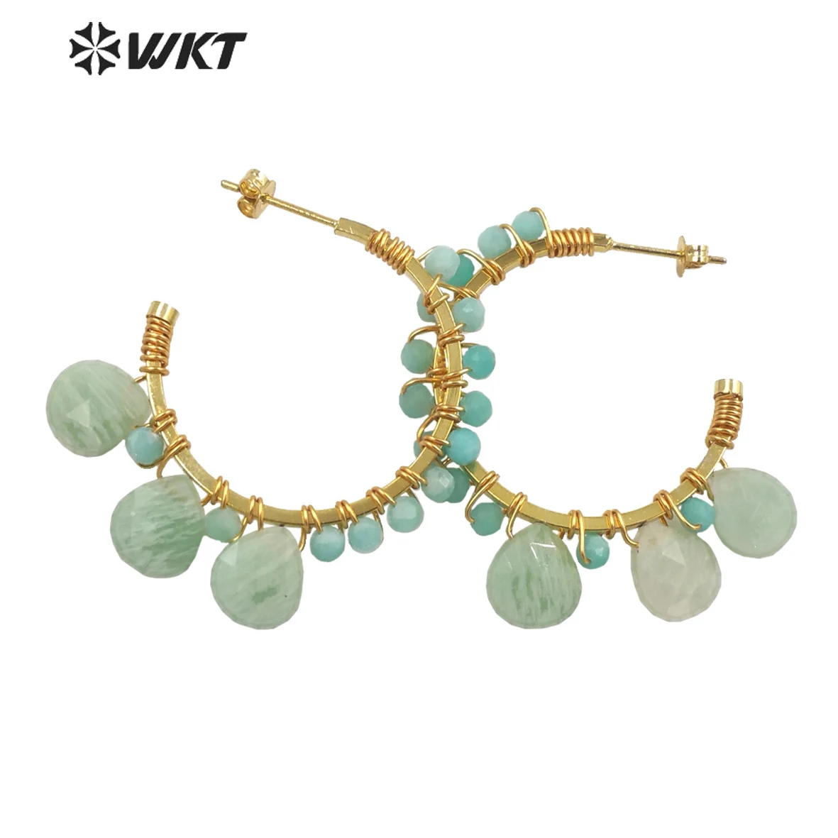 WT-E694 new attractive gold plated C shape wire wrapped stone earrings Attractive teardrop stone crescent moon earrings