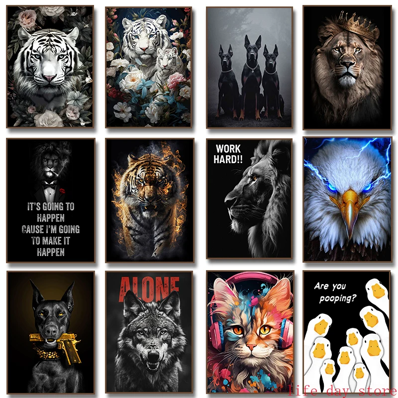 1pc frameless Canvas Painting Lion Tiger Work Hard Eagle Wolf Doberman Motivational Quote Poster Animal Canvas Painting Print Mo