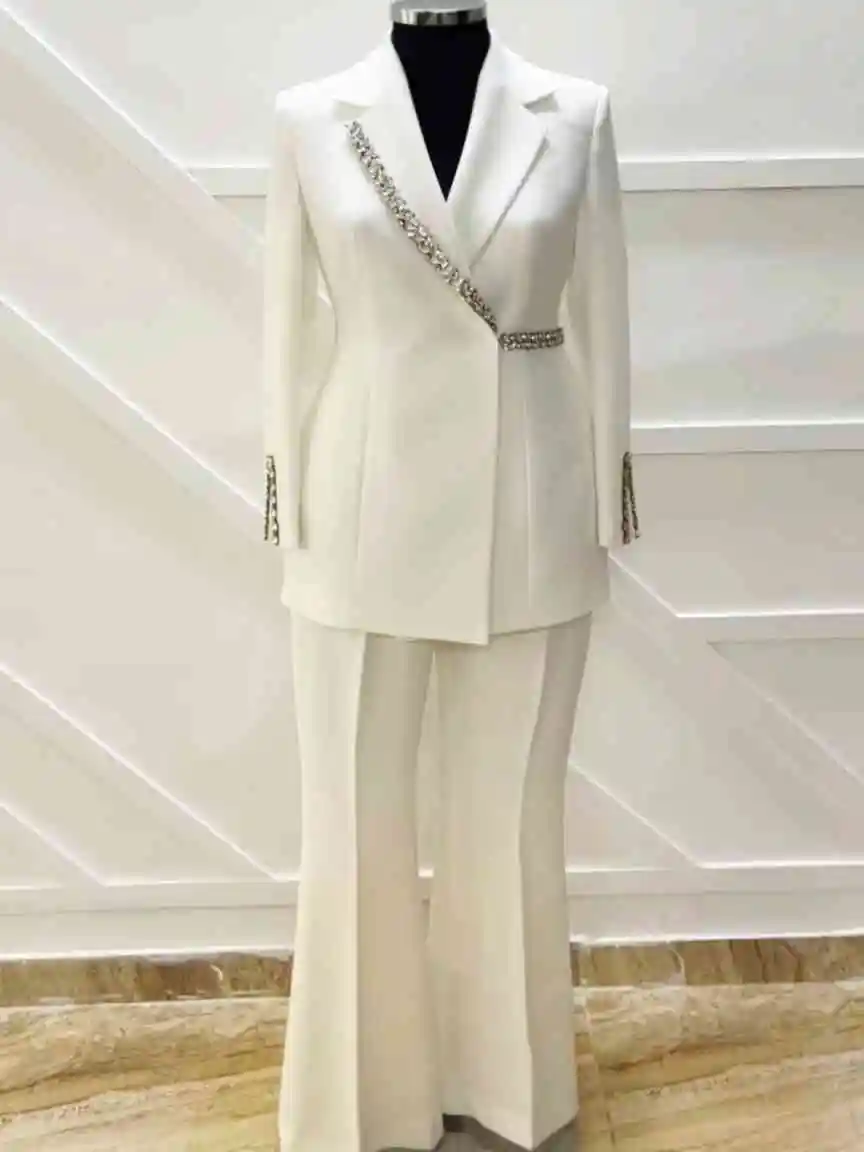 Sleek 2 Piece Outfit Notched Collar Blazer Flare Pants Rhinestone Suitable For Business Celebration Customized