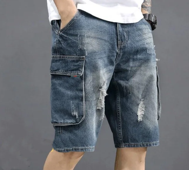 Men Jeans Summer Loose Male Wide Leg Knee Length Shorts Summer Multi Pocket  Washed Denim Shorts