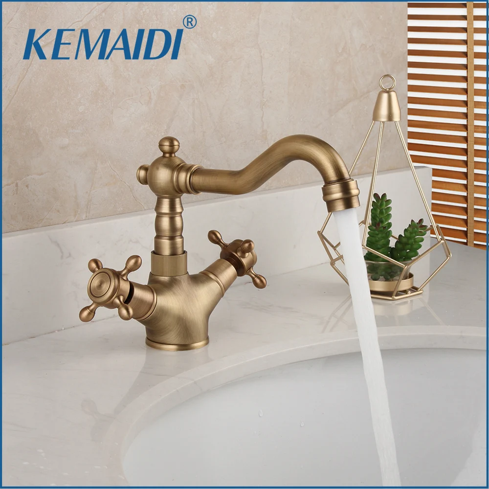 

KEMAIDI Antique Brass Bathroom Sink Faucet Solid Brass Stream Spout Faucets Tap Hot & Cold Water Mixer w/Dual Handle Deck Mount