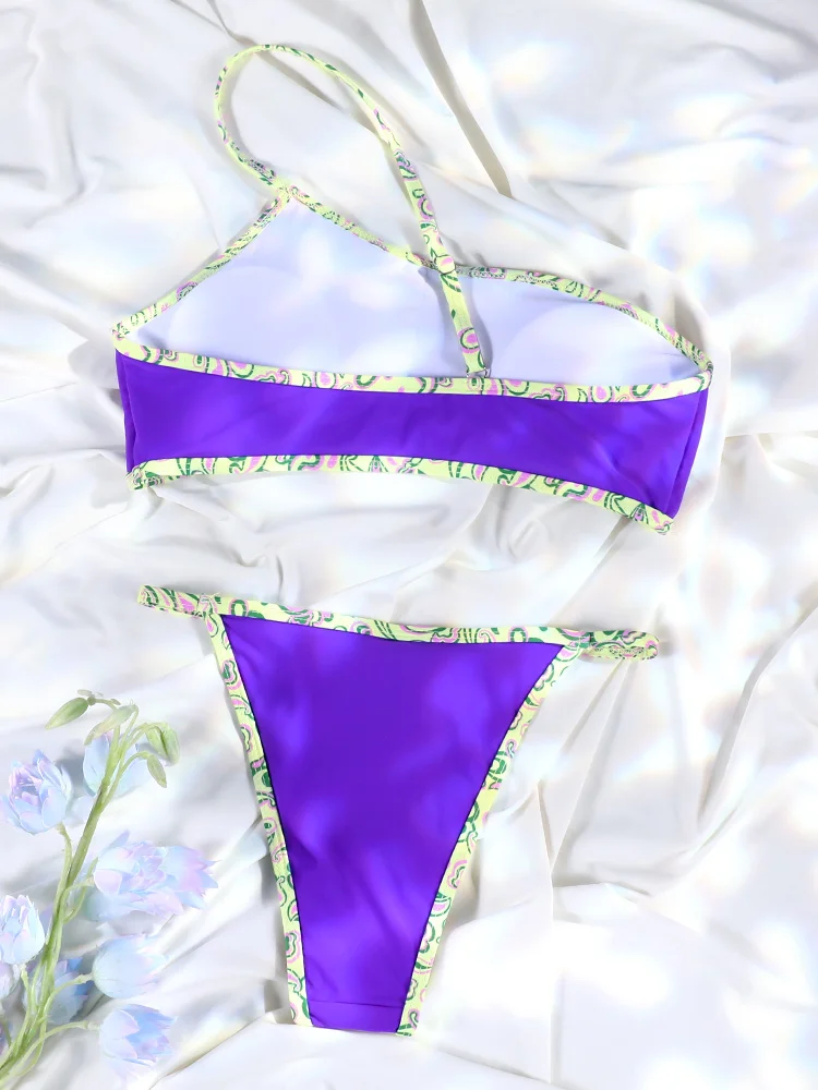 Rinabe ملابس السباحة مع تنورة الأرجواني واحد الكتف بيكيني طباعة ملابس السباحة بيكيني صغير المرأة ثلاث قطع ملابس السباحة