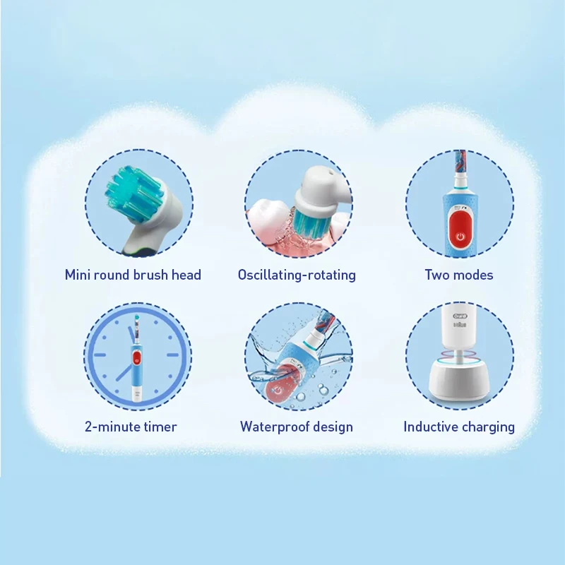 Oral B D103K Kids Electric Toothbrush Dual Cleaning Modes Smart Timer Full-Body Waterproof Inductive Charging