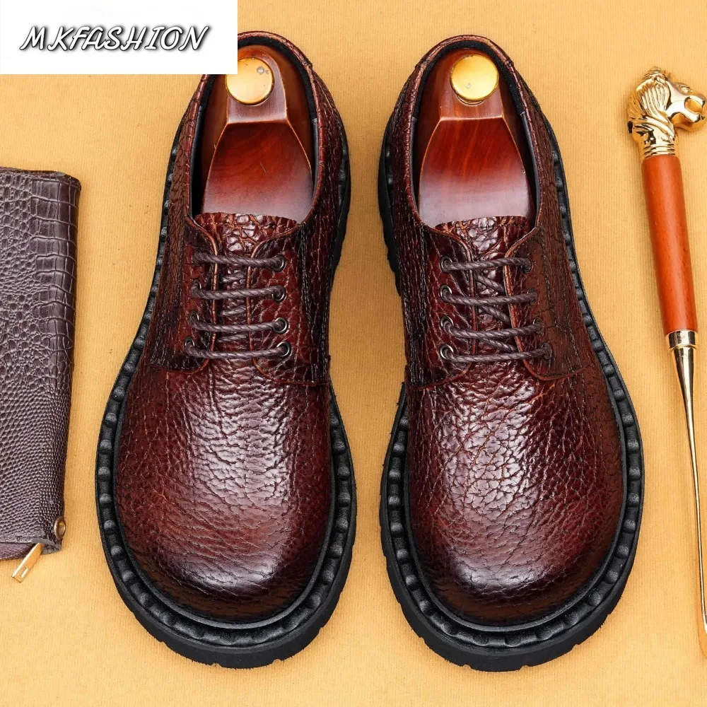Men Crocodile Pattern Genuine Leather Casual Shoes Big Round Toe Lace Up Flats Footwear Plus Size 37-46