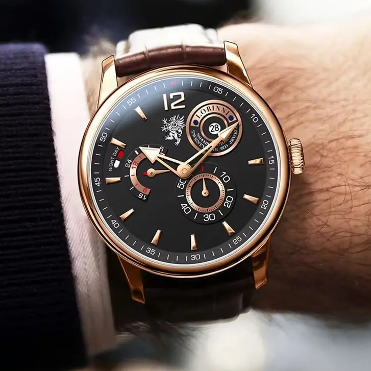LOBINNI Men Automatic Watch 42mm Mechanical Wristwatch Waterproof Sapphire Mirror Multi-Dial Day-Night 24 Hours Date
